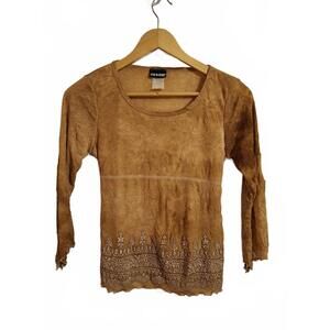 Vintage Joe Boxer Boho Embroidered Style Top Women's 14/16 Brown Y2K